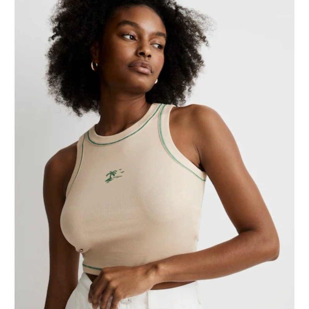 Madewell Paradise Palm Ribbed Crop Tank Top Graphic Tan Green Women's XXS NWOT